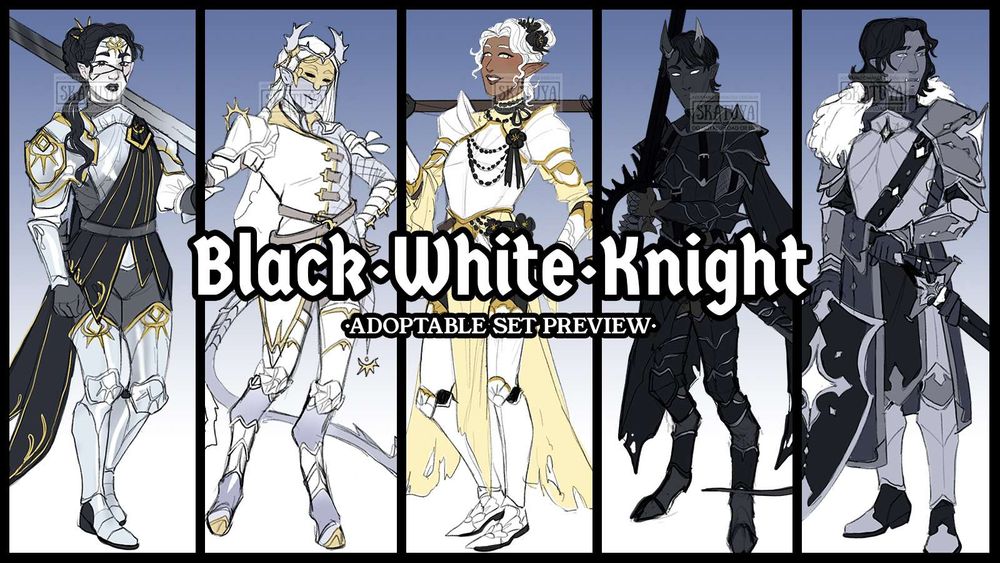 Sketch previews of 5 different character design adoptables all for the theme: Black, white, knight.