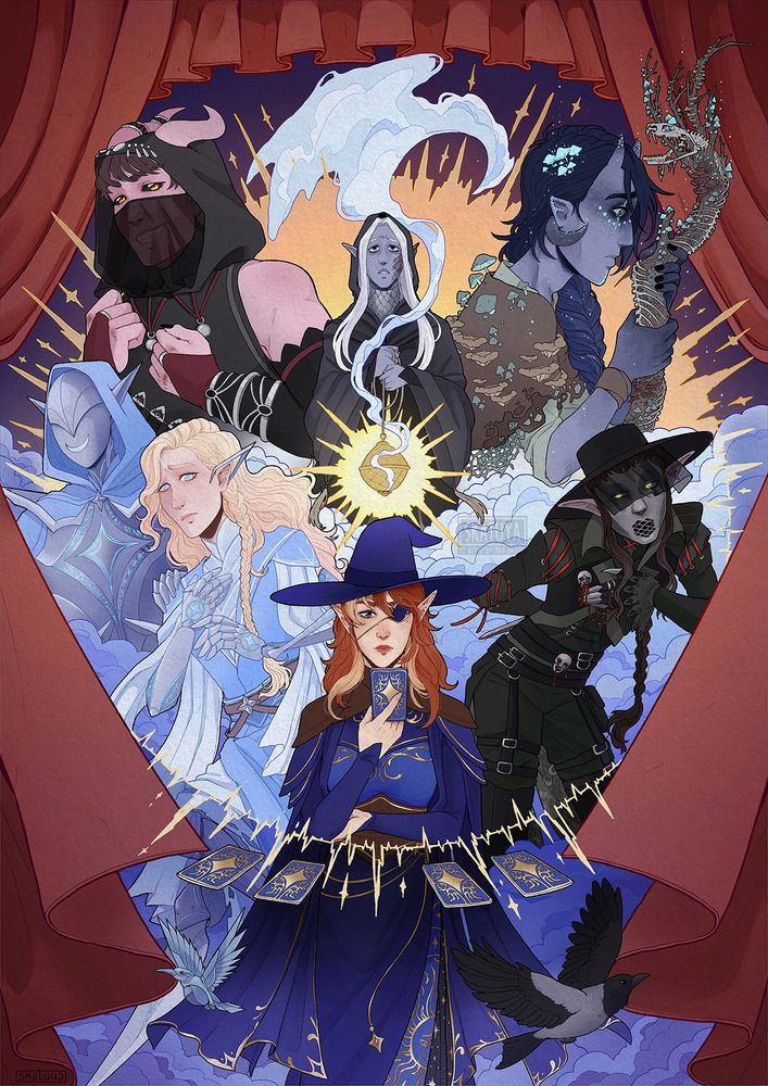 Digital illustration featuring our adventuring party (from the top left to right: Elinar, tiefling shadow monk, Sheireen - drow grave cleric, Mire - tiefling spores druid, Delphos -steel defender of Ianthe - half elf artificer, Béatrice - reborn high-elf rogue, and in the middle in front is Celeste -high-elf mage.  In front are two birds, two of the party member's familiars. They're all surrounded by clouds, a circle of light and theater curtains - the party's name is The Curtain Call. 