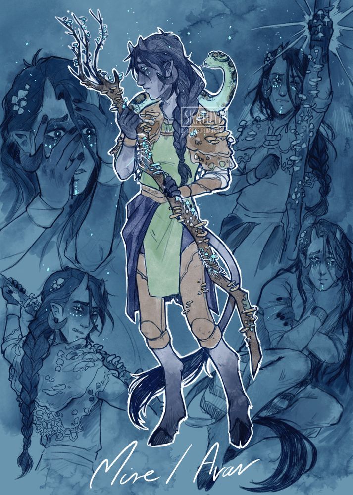A page of sketches of my dungeons and dragons tiefling druid Mire. The page features him standing clutching his staff looking to the side in the middle, with his familiar Morel, a snake on his shoulder. In the background there are various sketches of him in monochrome, showing him mid combat, being afraid and having having a bit of a mental breakdown. All regular stuff for him, sadly. 