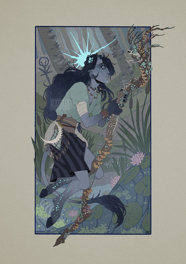 Digital illustration of my dungeons and dragons player character, a pale blue tiefling called Mire. He's floating in front of an unstable and warped background that looks like a swamp - he's holding onto a staff, a broken branch overgrown with mushrooms with a snake skeleton entangled in it. He has a scared/confused expression as he looks at the snake's skull, with a light shining behind his head, illuminating the mushrooms growing on his temple - and a halo of spores. 