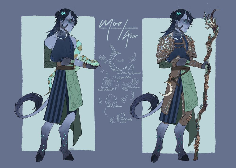 Character design of my dungeons and dragons character Mire (real name Avar) tiefling circle of spores druid, showcasing his new outfit with without and with armor, with some bits and pieces of his inventory between. The snake is his familiar, her name's Morel :) 