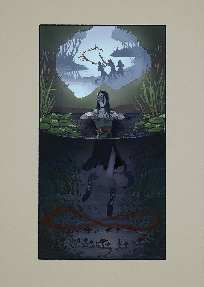 Digital illustration of my character Mire floating in water, looking up, as he remembers how his friends attacked and left him for dead in the swamp many years ago. Under the water we see small black mushrooms and blood, still floating in the waters. 