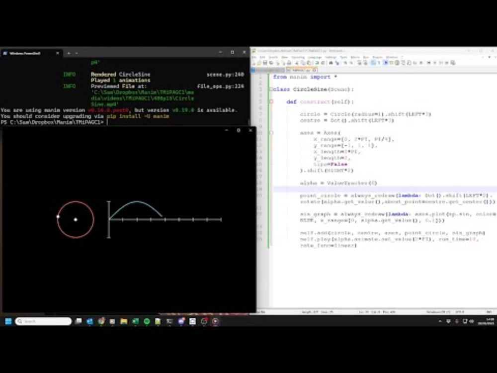 Animate the link between a sine curve and a unit circle in Manim #MathsAnimationTMiP Prompt 1