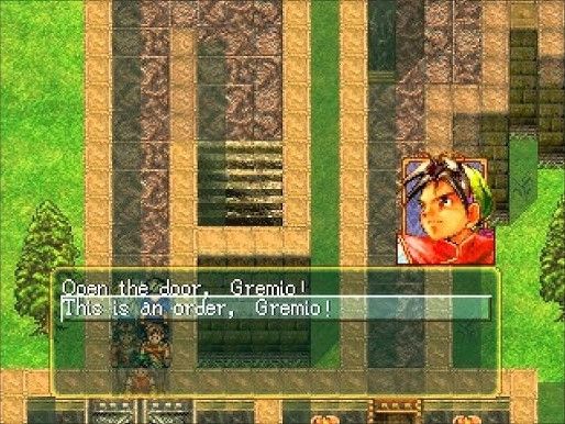 Screenshot of Suikoden. The hero is ordering Gremio to open the door.