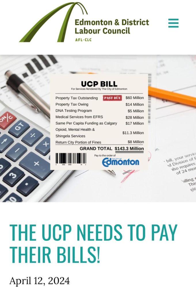 Meme outlines the 143 million dollars the UCP owes the city of Edmonton in unpaid taxes. 
