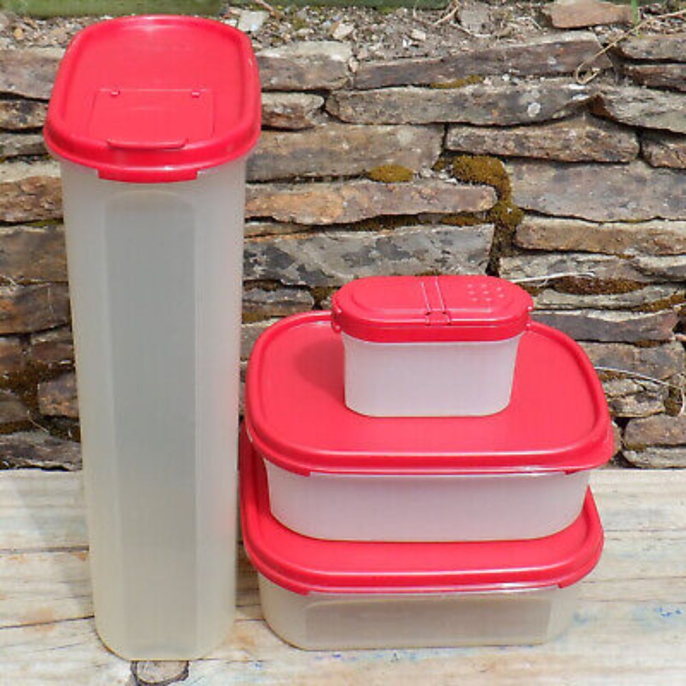 TUPPERWARE Vintage Food Containers x4 Modular Mates White + Maroon Lids 1980s  | eBay