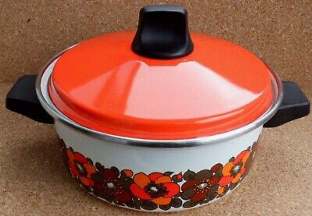 A Vintage Enamelled Saucepan Orange Lid Flowers Kitchenalia 1960s/70s 9cm Depth  | eBay