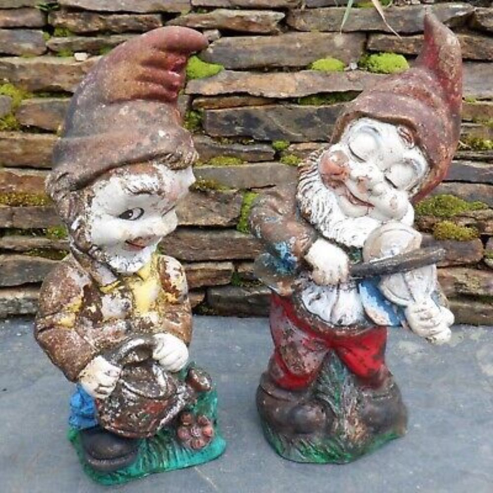 VINTAGE GARDEN GNOMES  x2 Painted Rubber Ornaments WEST GERMANY Gardening Retro  | eBay