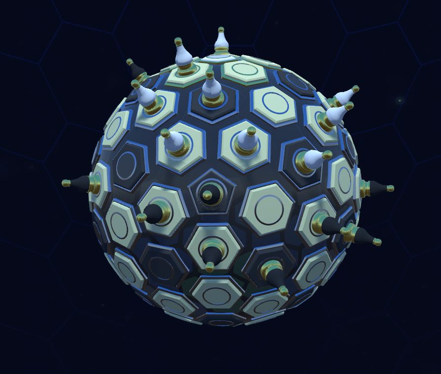 A digital spherical chess board with a lot of black and white pawns.