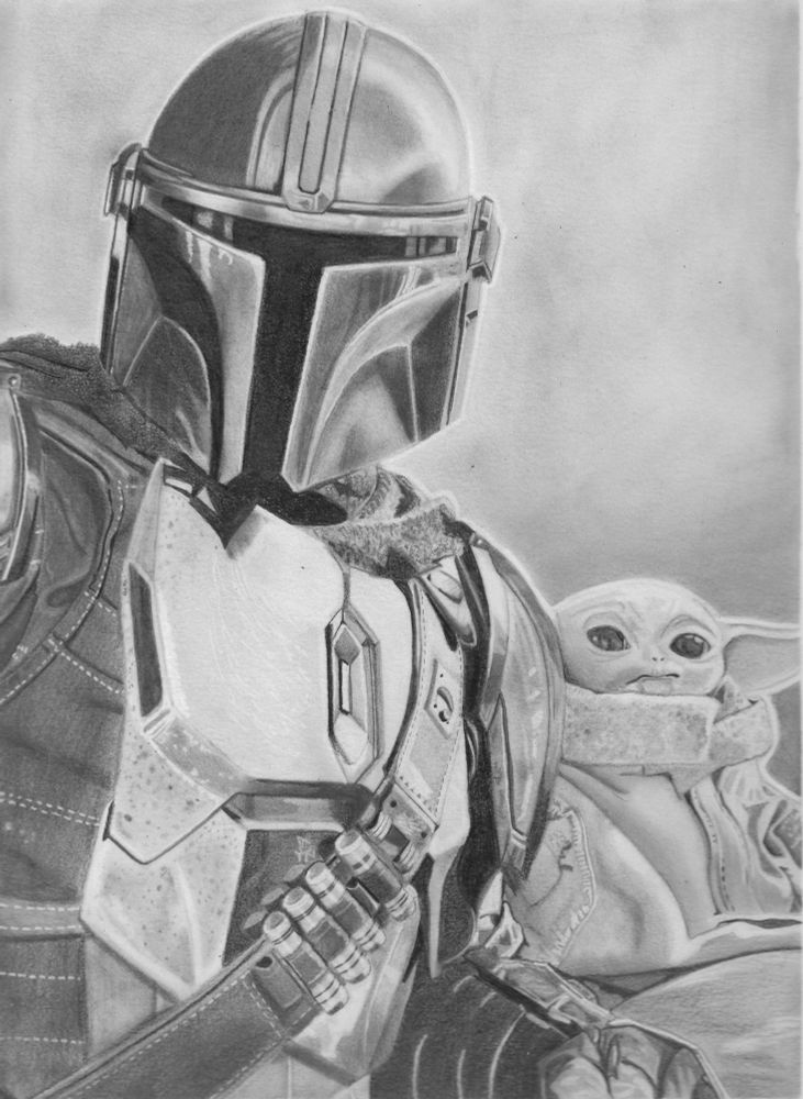 Mandalorian and Grogu from the Star Wars universe done in graphite. 