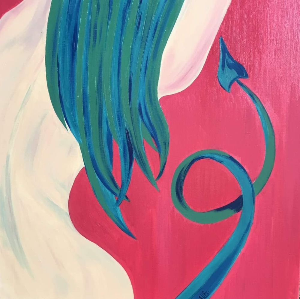 This oil painting has a slightly playful, humorous character. It depicts a woman from the back, down to the waist, with blue-green hair. On the right, there's something that resembles a small tail. The background is bright pink.
Part of the collection of an art center.