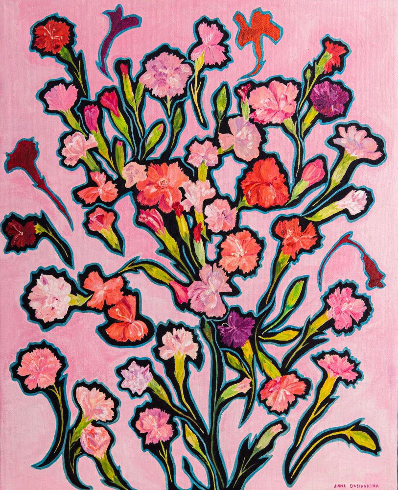 Introducing the painting "Carpet of Carnations." The delicate flowers appear scattered across the canvas. The carnations range in color from light pink to dark red, with an indigo outline against a soft pink background. This artwork embodies gentleness, vulnerability, and eternal beauty. 