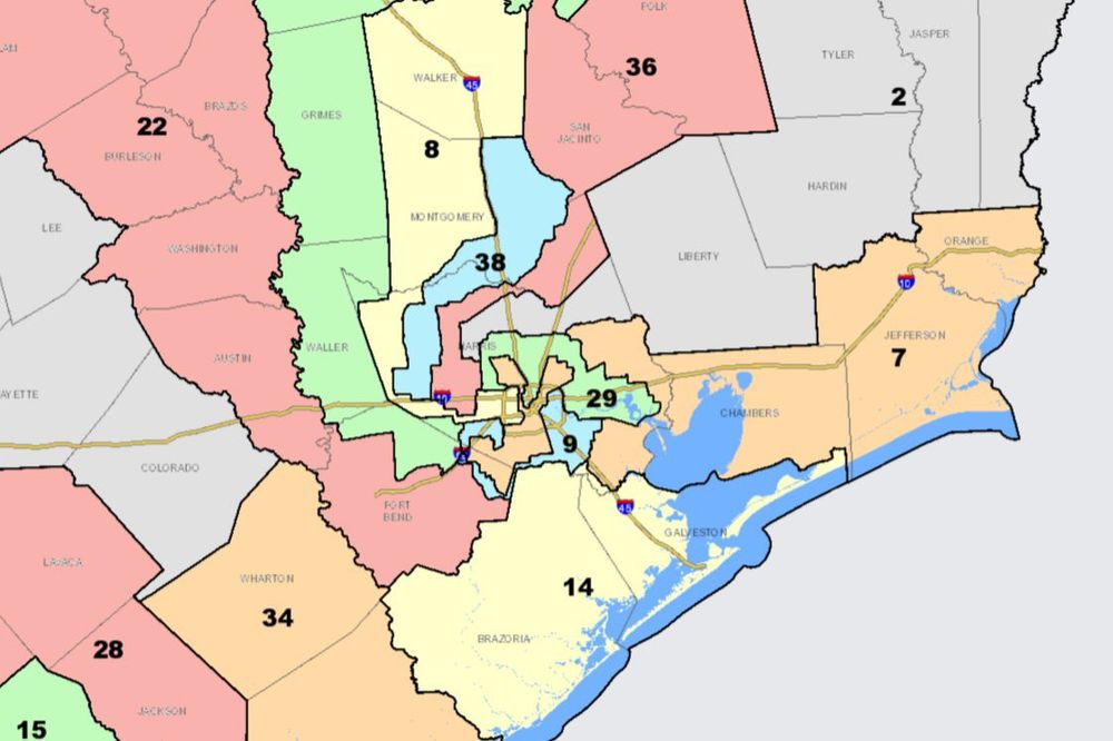 Proposed redistricting map for Texas. The districts swirl hypnotically counterclockwise 