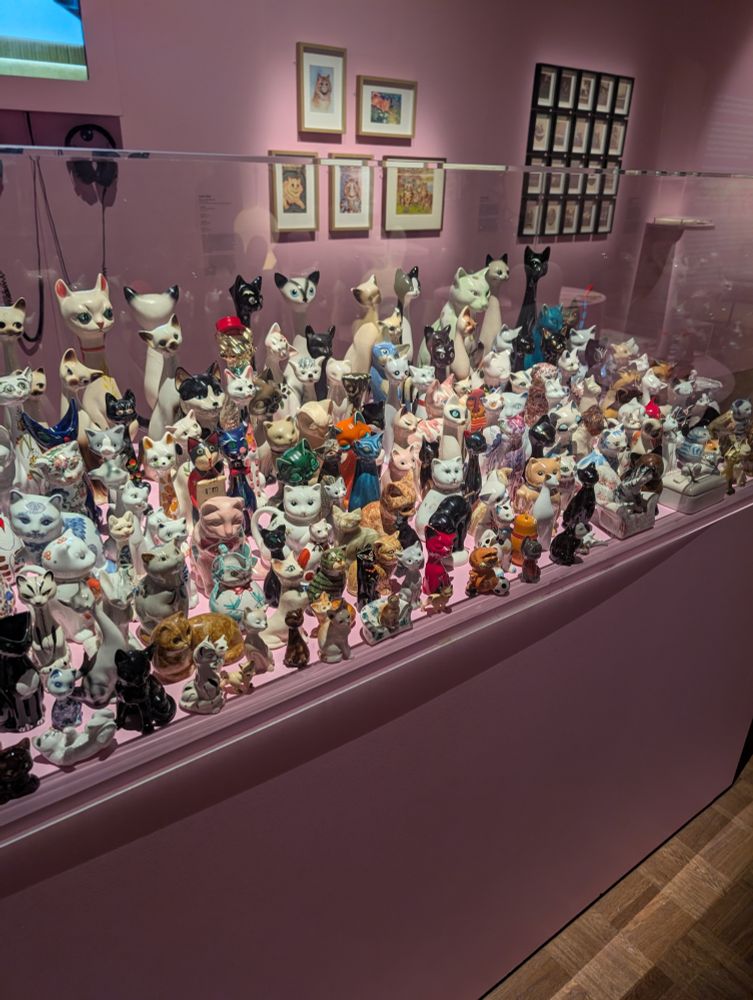Display case filled with ceramic cats