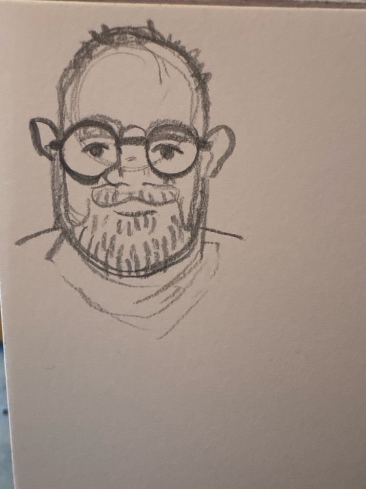 Pencil sketch of A sundayphobic type homosexual wearing glasses looking a bit smug yet apprehensive at the thought of Monday looming 