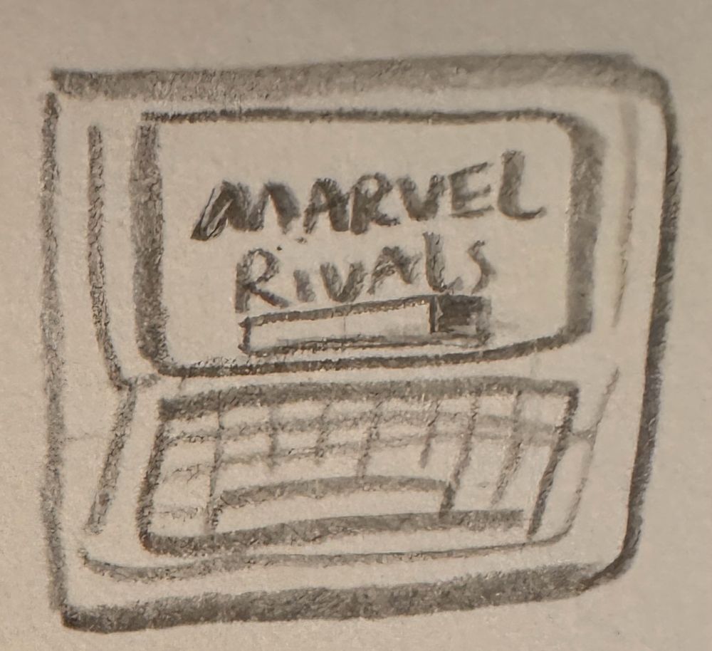 A pencil sketch of a laptop with marvel rivals downloading