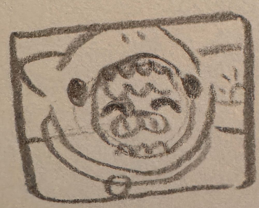 Pencil sketch of Felix in a shark costume smiling 