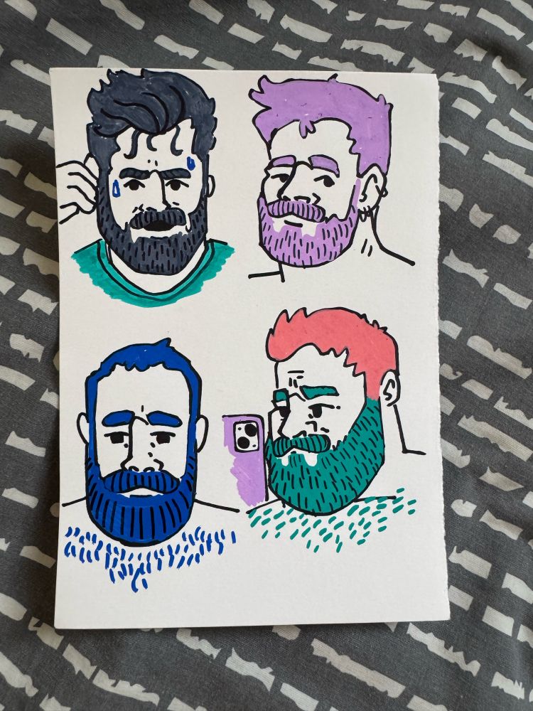 4 black sharpie and coloured posca paint marker portraits of burly men 