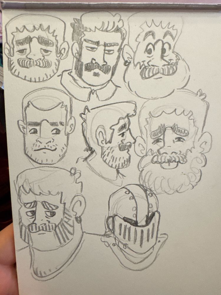 Pencil sketches of random fluffy men with various expressions and angles mostly nonchalant in nature 