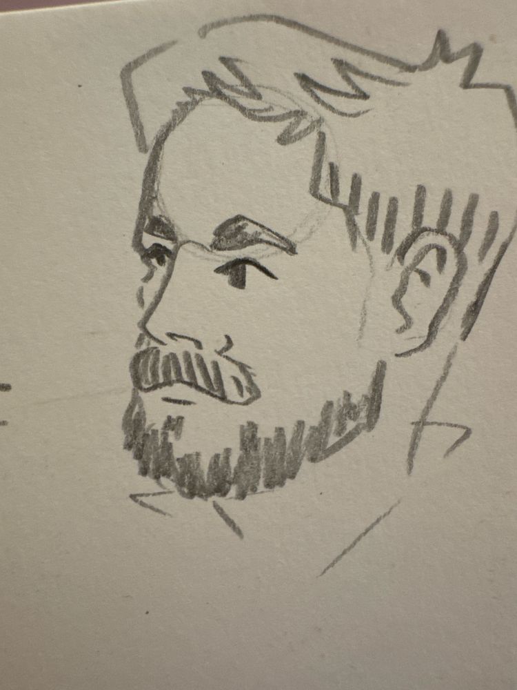 A pencil sketch of an office wear type bisexual looking to the left, his hair quaffed to one side and a lil scruffy faced