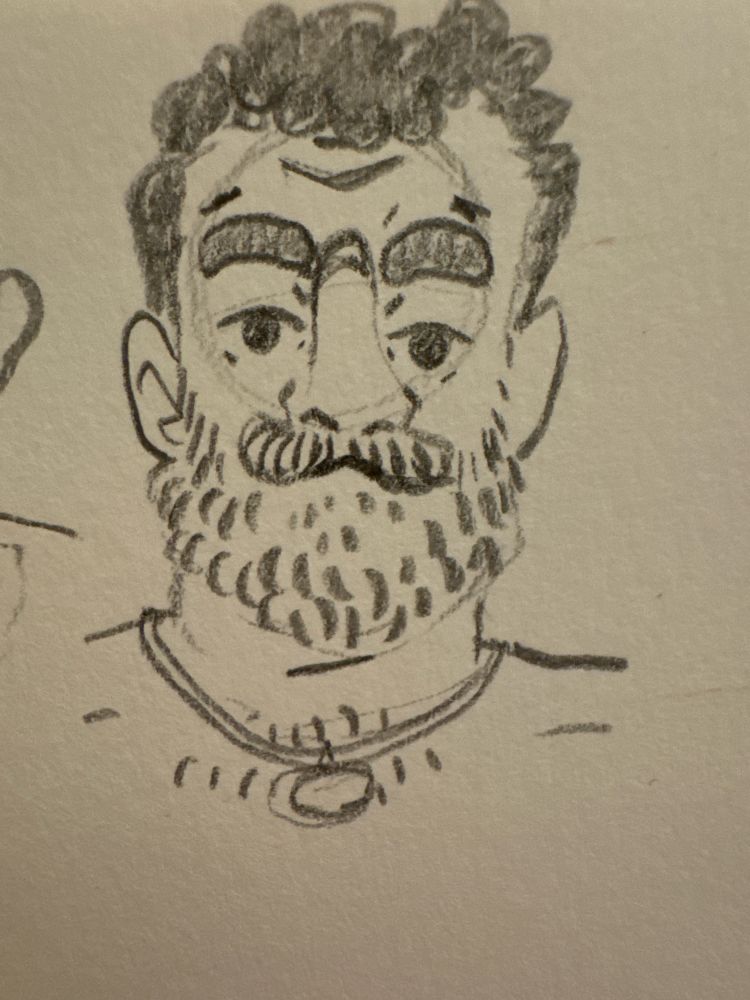 Pencil sketch of a kink/carer type homosexual in speedos (speedos etc not included) eyebrows raised looking to you as if to say I’m in speedos check me out 