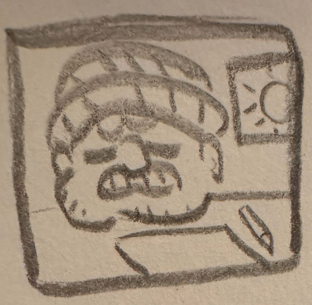 Pencil sketch of Fewix flubbed on his desk with an empty paper