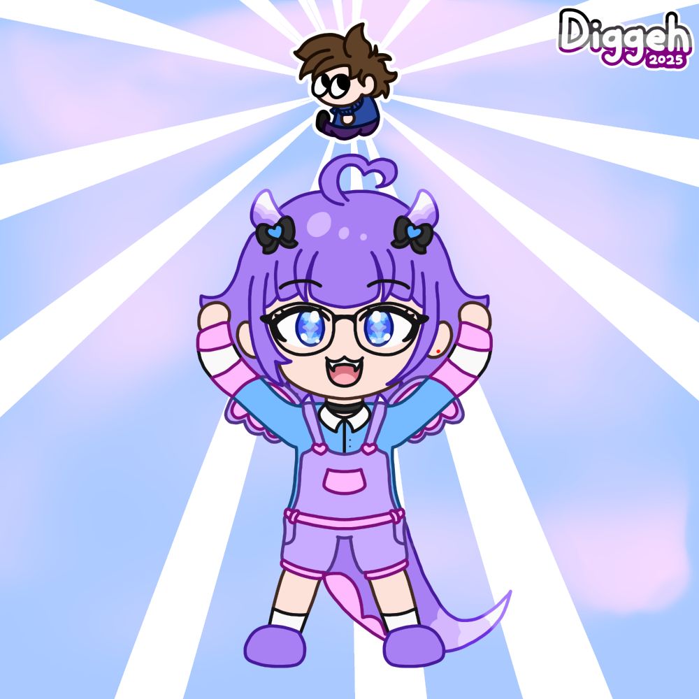 Art Fight 2025 attack of the VTuber Sennari holding up a tiny Jexoy figure loving labeled The Legendary Sitting Jex! Senn is a humanoid dragon with huge sparkling sapphire eyes, big purple hair, tiny horns with black heart ribbons, small purple wings, and a big tail. They are wearing black glasses, purple overalls with hearts atop a blue undershirt that has long white and purple striped sleeves, shorts, socks, and shoes. Jex has big ol' peepers, brown hair, a blue sweater, purple pants, and black shoes. The figure is facing innocently toward the audience with lots of white light beams aimed at it, emphasizing that it's a very important discovery. The background is light blue with cotton candy cloud coloring. Signature Diggeh 2025.