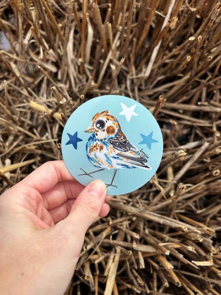 A sticker featuring a snow bunting 