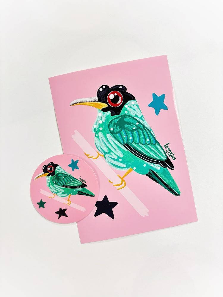 Print and sticker featuring a green honeycreeper against a bubblegum pink background