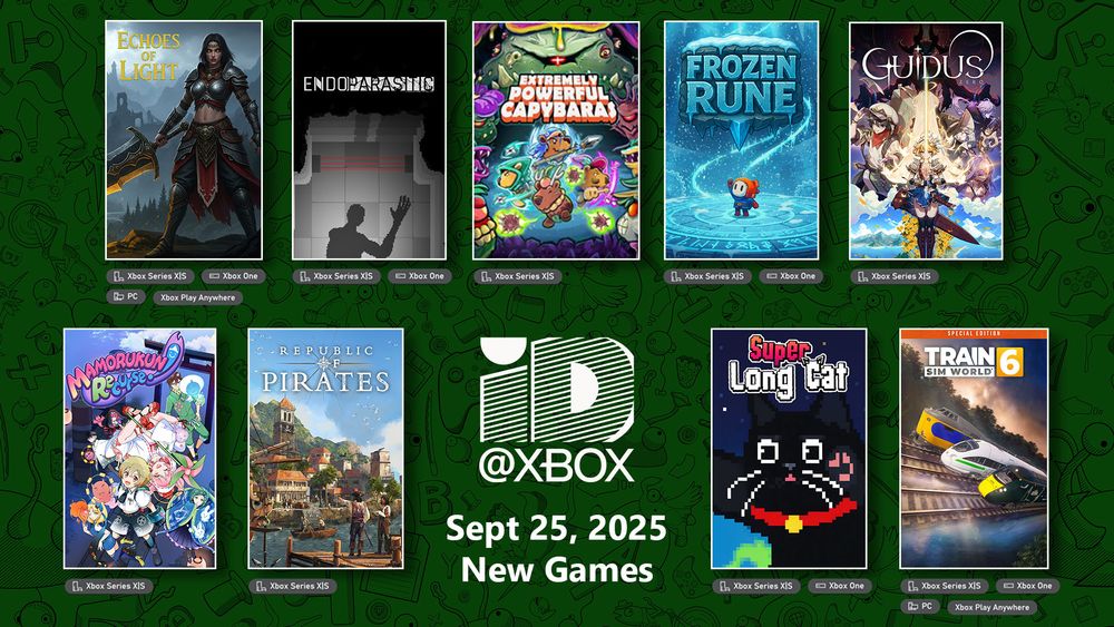 Indie Games Launching on Xbox on September 25: 

Echoes of Light: Child of the Balance
Endoparasitic
Extremely Powerful Capybaras
Frozen Rune
Guidus Zero
Mamorukun ReCurse!
Republic of Pirates
Super Long Cat
Train Sim World® 6: Special Edition