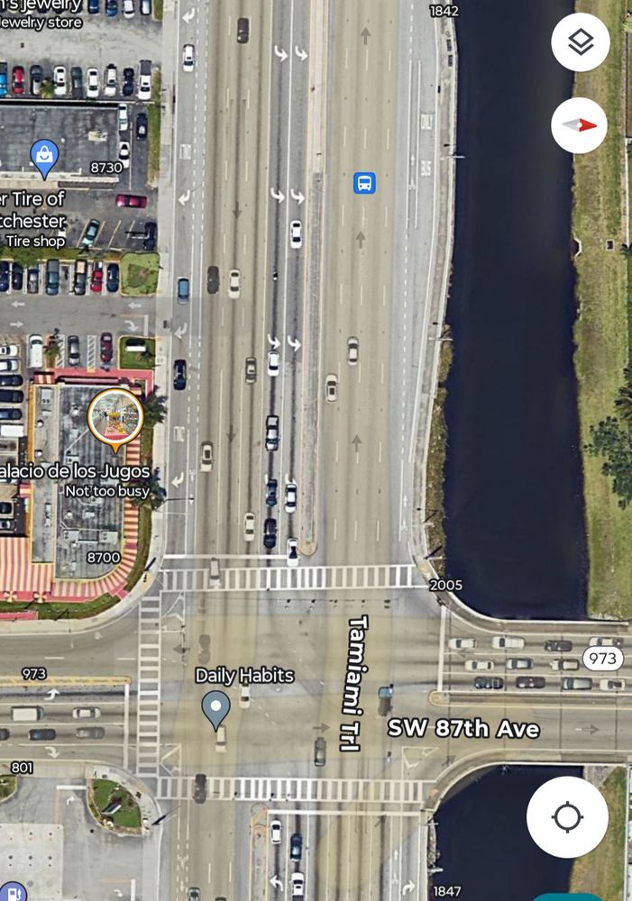 Tamiami Trail and SW 87th Ave, just West of Miami
Featuring bike lanes and a bus bay