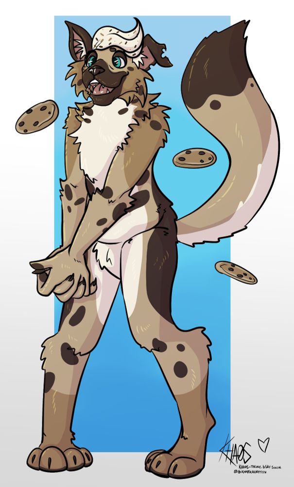 An anthropomorphic dog that looks like a big chocolate chip cookie
