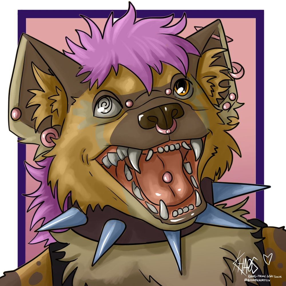 Portrait of a antromorphic Hyena smiling. He has purple hair.

