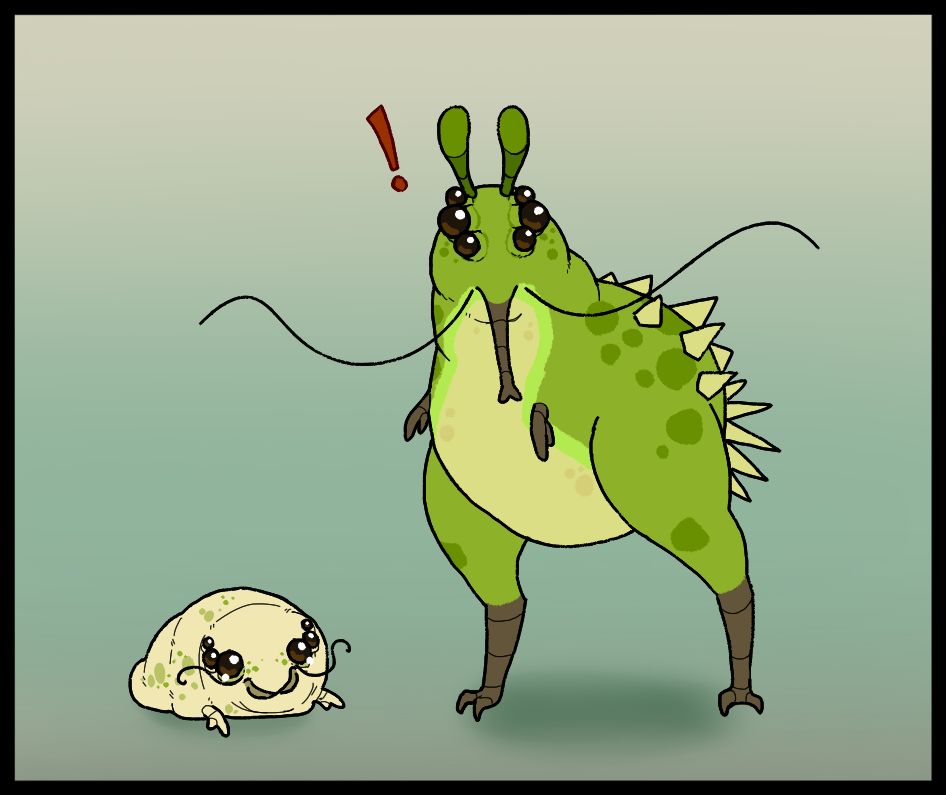 A Peenoid and a Peenoid grub. They are from the game Spore