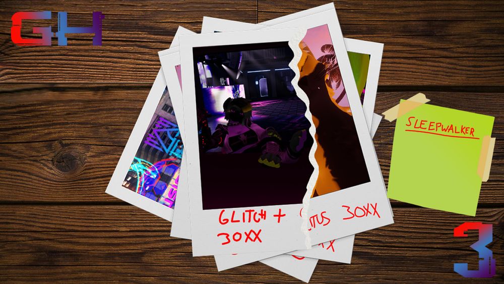 The cover art of GlitchHunters ep 3, featuring a stack of Polaroids of Glitch and Citrus. The top Polaroid is torn in, so Citrus is missing from the photo
Next to the stack of polaroids is a sticky note that reads "Sleepwalker"
the word sleepwalker is underlined