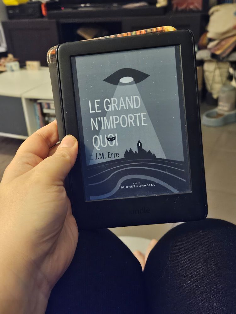 Main qui tient une liseuse avec comme couverture de livre : les grand n'importe quoi de J.M. Erre