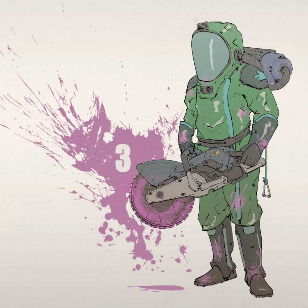 Character concept of a sci fi technician in a haz mat suit holding a big mechanized saw, that is covered in some kind of pink fluid.