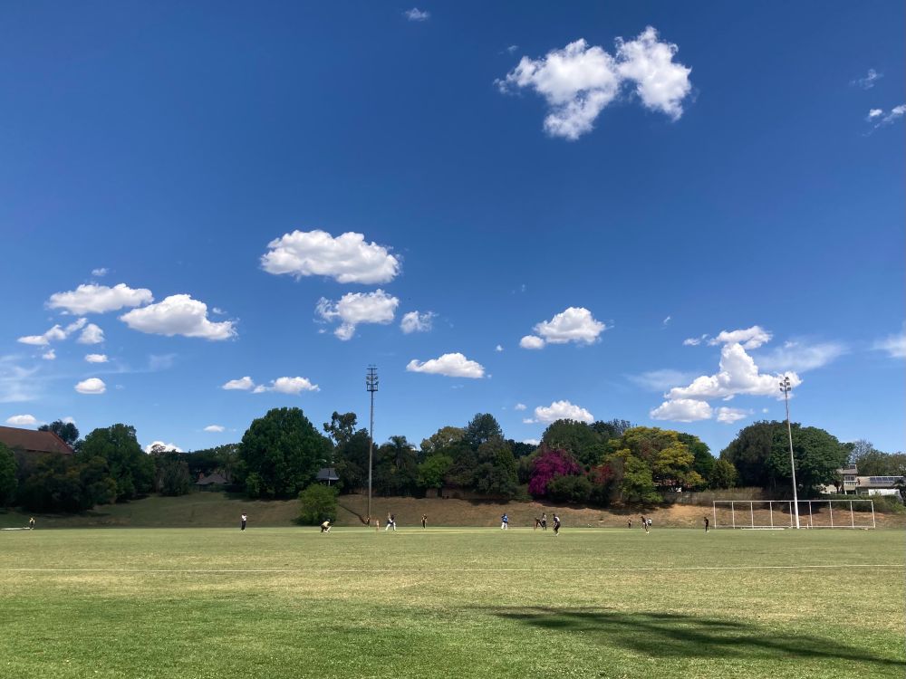 Game of cricket with cotton wool clouds in a bright blue sky. 