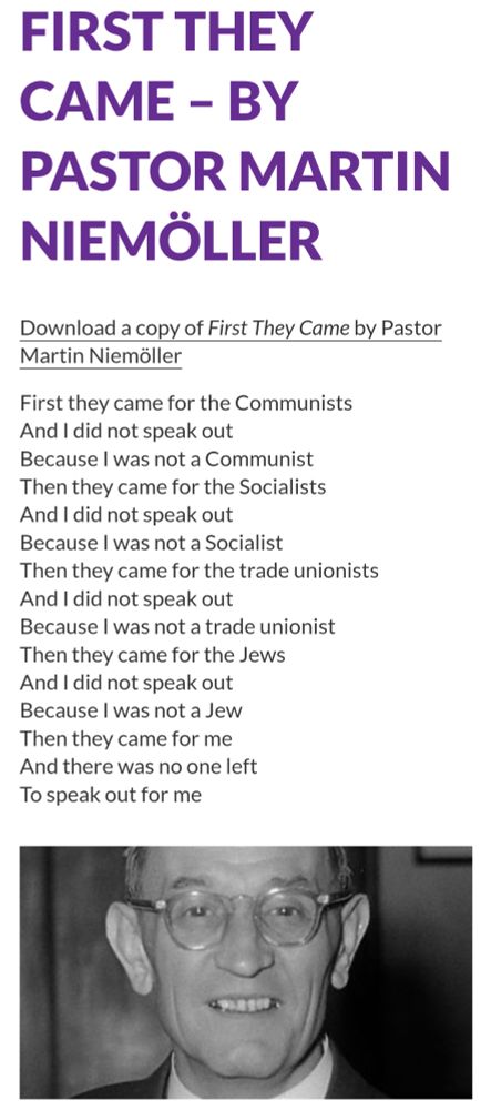Poem text - First They Came - by Pastor Martin Niemoller and image of him
