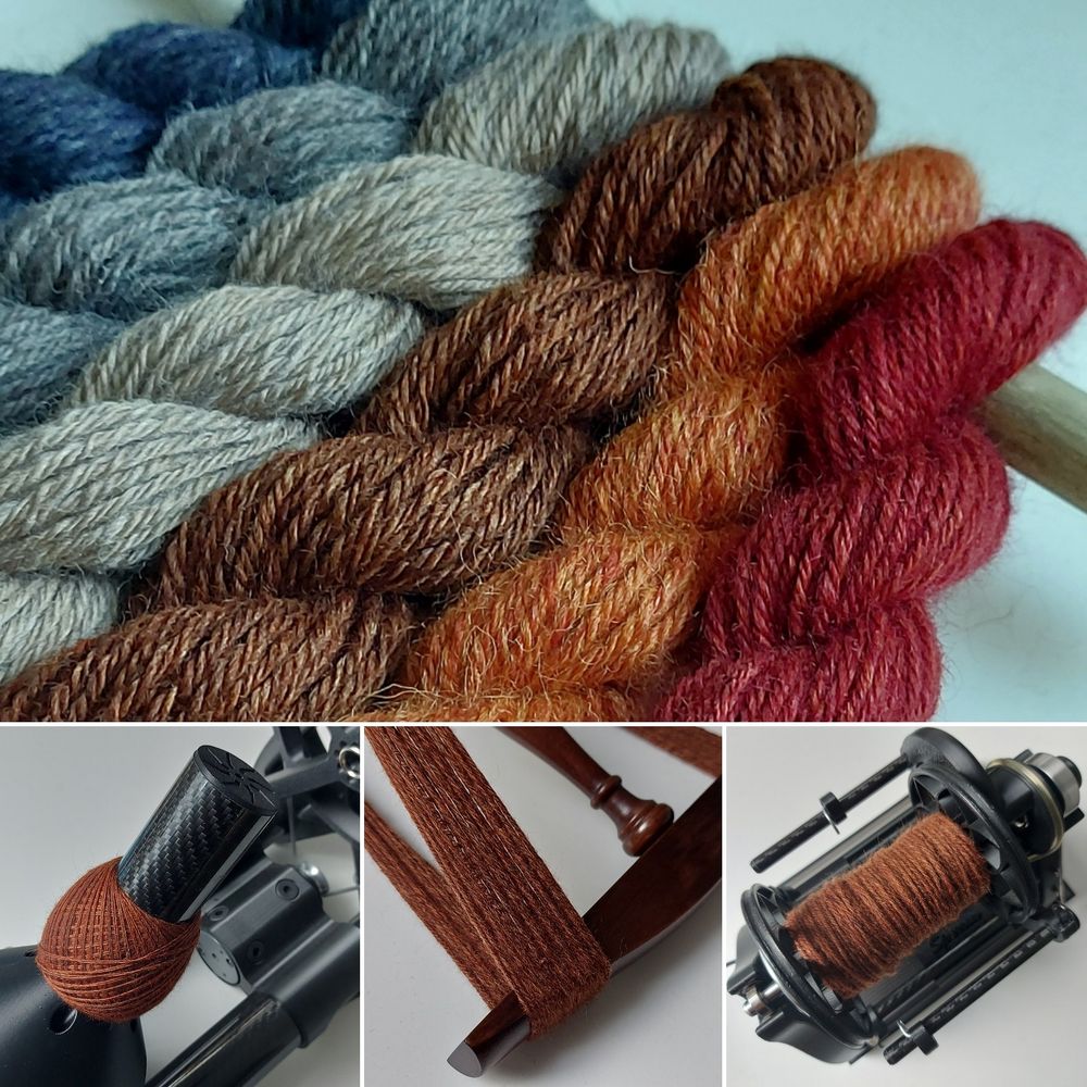 a collage of pictures which shows the different stages of autumnal toned  handspun yarn from a ply ball to finished