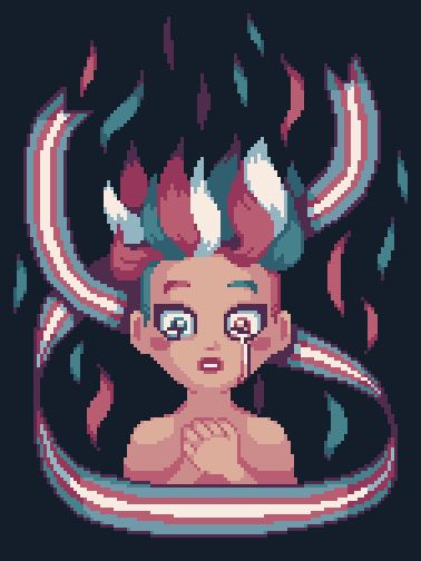 Pixel art drawing of a person with a surprised expression with tears in their eyes and running down their face. Their hands are clasped at their chest, and their hair is swooshing upwards. The tufts of hair are pink, blue, and white. The person is framed by a long flowing ribbon with the transgender flag as its pattern.
