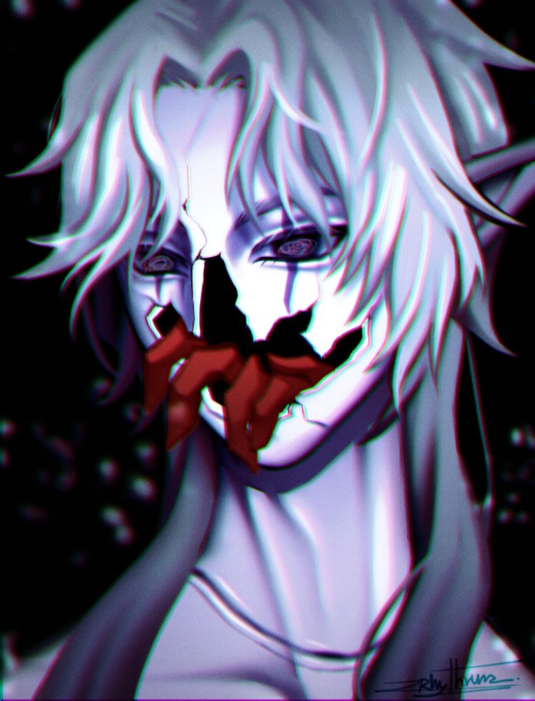 My character in pathfinder 2e Campaign 
He is drow (Elf cavern) bard who thinks he is Poppet.
His story contains the cannibalism(That's why I draw the red hand inside him.) ,body horror ,disturbing movement, Mental illness.

( My campaign is dark fantasy theme.)