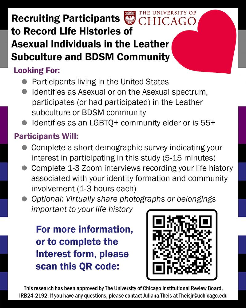 Master’s thesis study flyer. Text reads:
“University of Chicago
Recruiting Participants to Record Life Histories of Asexual Individuals in the Leather Subculture and BDSM Community
Looking For:
• Participants living in the United States
• Identifies as Asexual or on the Asexual spectrum, participates (or had participated) in the Leather subculture or BDSM community
• Identifies as an LGBTQ+ community elder or is 55+
Participants Will:
• Complete a short demographic survey indicating your interest in participating in this study (5-15 minutes)
• Complete 1-3 Zoom interviews recording your life history associated with your identity formation and community involvement (1-3 hours each)
• Optional: Virtually share photographs or belongings important to your life history
For more information, or to complete the interest form, please scan this QR code.
This research has been approved by The University of Chicago Institutional Review Board, IRB24-2192. If you have any questions, please contact Juliana Theis at Theisjr@uchicago.edu”
Backround includes the asexual and Leather flags.
