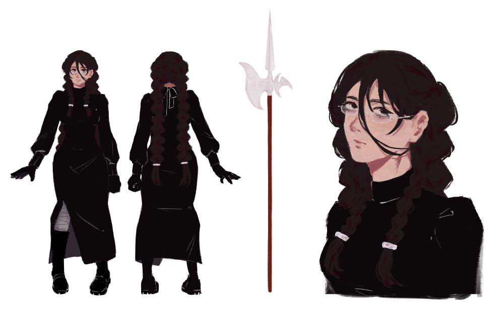 OC reference sheet for art fight event. A woman with two brown braids wearing a long black turtleneck dress and a halberd.