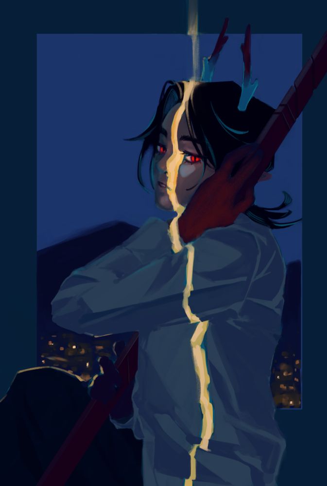 A girl with dragon horns sitting in the dark by a window. She is holding a sword, a ray of light falls across her.
