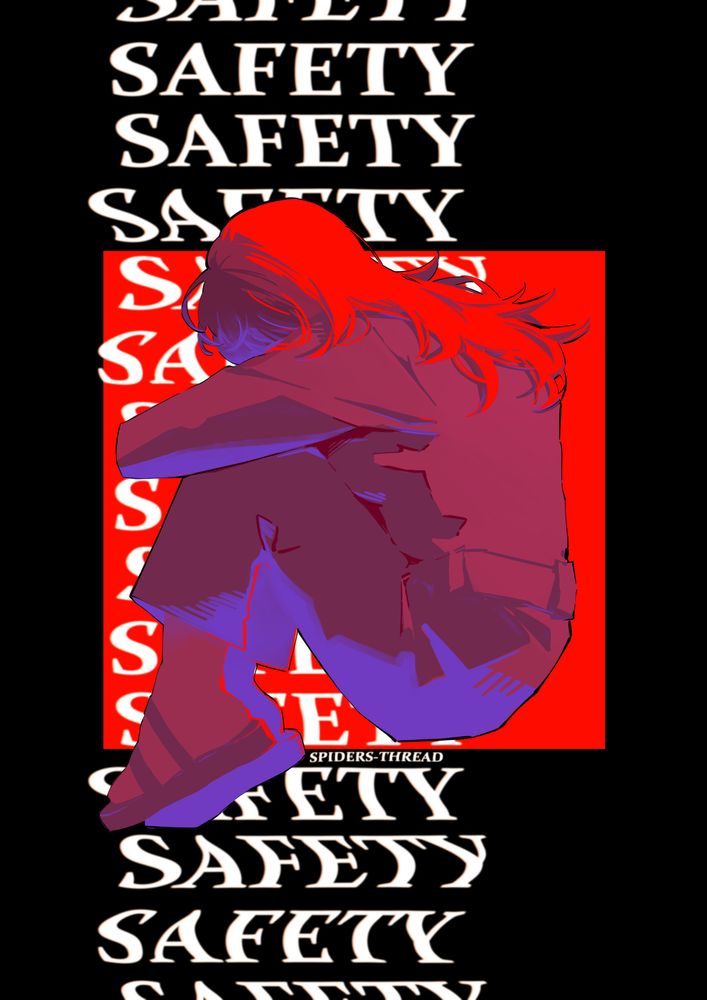 an illustration of Anya from the game Mouthwashing in a fetal position with the word SAFETY repeated in the background