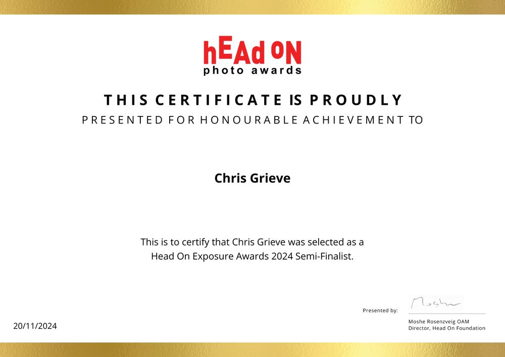 Certificate for honourable achievement as a Semi Finalist in 2024 Head On Photo Awards
