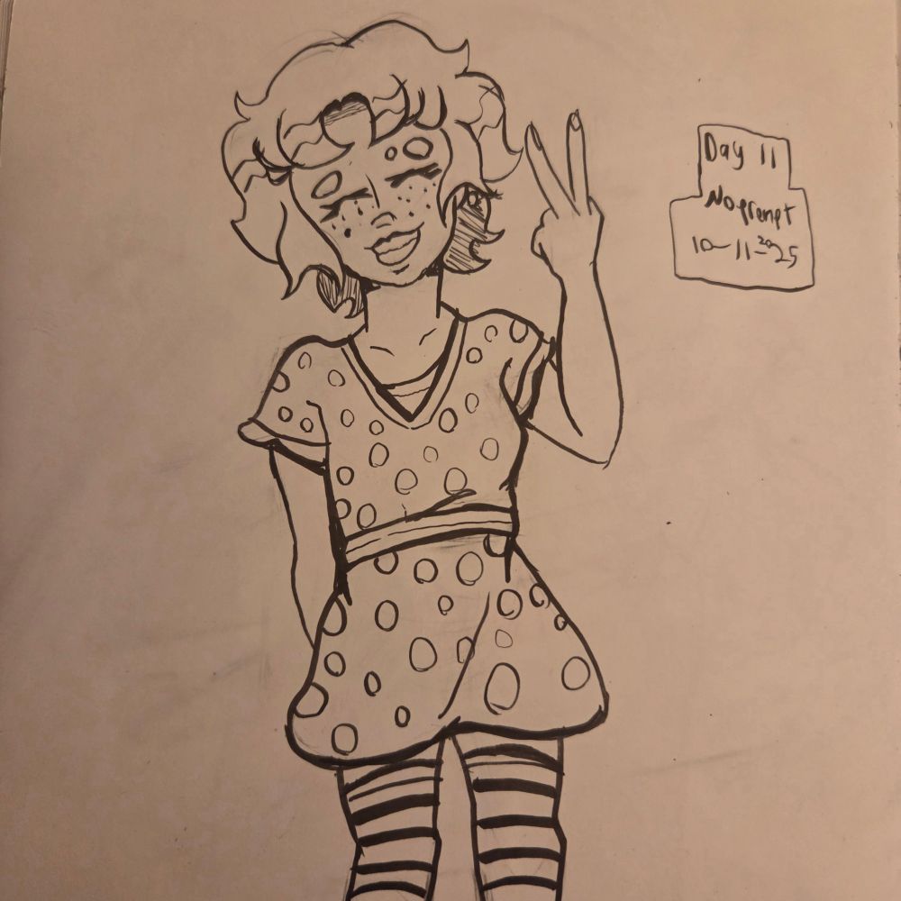 My character Sherra smiling and making a peace sign with her left hand. She is wearing a polka dotted dress and striped socks. 