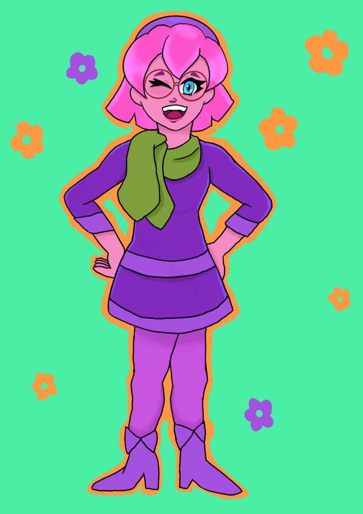 Worm Whimsy's OC Worm dressed as Daphne from Scooby Doo. She has her hands on her hips and is smiling and winking. 