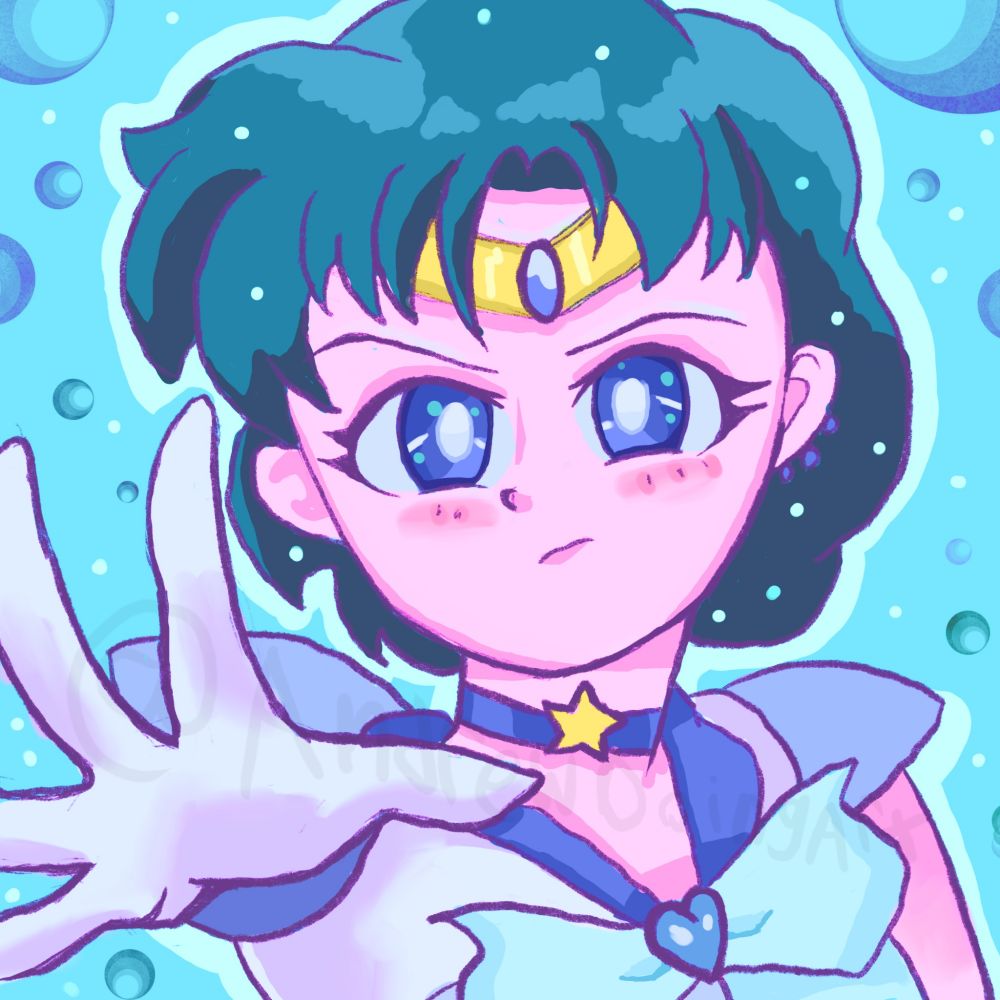 Sailor Mercury stretching her right hand towards the viewer. She has short blueish hair, big blue eyes, a yellow tiara, a blue choker with a star on it, and is wearing a Sailor uniform. The background is blue with a glowing bubble effect. 